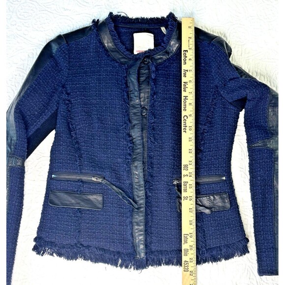 REBECCA TAYLOR Boucle Fringe Blazer SIZE 4 Navy Blue Black Leather Trim Coat EUC - Picture 15 of 16